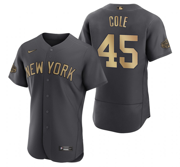 Men's New York Yankees #45 Gerrit Cole 2022 All-Star Charcoal Flex Base Stitched Baseball Jersey Men's New York Yankees #45 Gerrit Cole 2022 All-Star Charcoal Flex Base Stitched Baseball Jersey